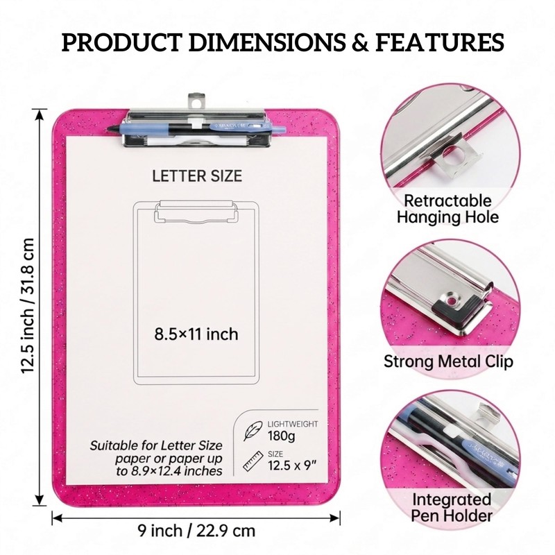 Pink Glitter Clear Clipboard,Cute Nursing Clip Boards with Pen Holder