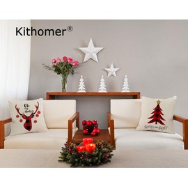 Kithomer Set of 4 Christmas Pillow Covers Buffalo Plaid Farmhouse Decorative Cotton Linen Throw Pillow Cases 18 x 18 Inch Christmas Home Decoration