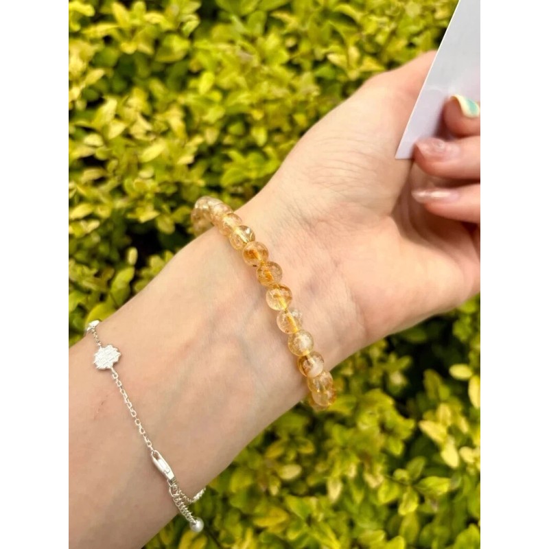 Natural Citrine 6mm Round Beads Dainty Gemstone Elastic Stretch Bracelet