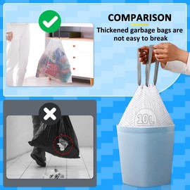 10L Small Bin Bags Drawstring Pedal Bin Liners White Thickened No-Tear Roll with Printed Text Rubbish Bags,Puncture-Resistant,Strong,Tear-Resistant for Bathroom, Bedroom, Office, Living Room, 60 Count