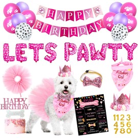 Dog Birthday Party Supplies, Pink Dog Birthday Decorations, Lets Pawty Balloons Banner Hat Bandana Tutu Skirt Outfit for Small Medium Dogs