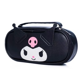 Lovely Cute Kawaii Multipouch, Large Capacity Pencil Case, Zippered Cosmetic Pouch, Waterproof Leather Makeup Brush Holder, Mini Travel Storage Bag (Black)