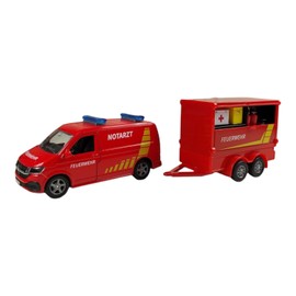 Kids Globe VW Transporter Fire Brigade with Trailer DE Die Cast Pull Back 27.5 cm, Toy for Children, 520321, Red