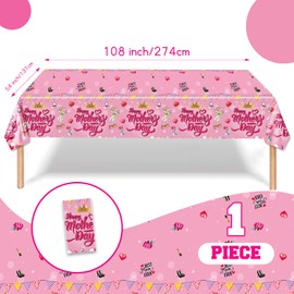 ORNACELE 1PC Mothers Day Tablecloth Disposable - 108" × 54", Happy Mothers Day Table Cloth Best Mom Ever Flower Heart Tablecover Plastic Rectangle Table Cover for Dinner Party Decor