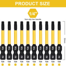 DAKCOS T20 Bit Long, Torx Bit T20, Bit Assortment from S2, Screwdriver Bit 1/4 Inch Hex Shank (Length: 50 mm, Pack of 10)