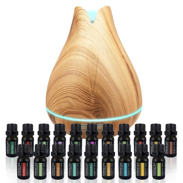 Aromatherapy Essential Oil Diffuser Gift Set - 400ml Ultrasonic Diffuser with 20 Essential Plant Oils - 4 Timer & 7 Ambient Light Settings - Therapeutic Grade Essential Oils