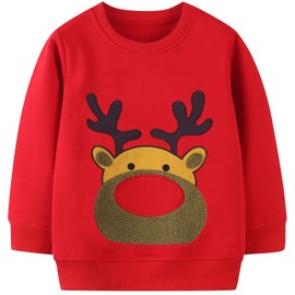 MUJOQE Maglione natalizio per ragazzi in cotone Babbo Natale renna felpa per bambini Natale a maniche lunghe Caldi vestiti natalizi 1-7 anni, Rosso Natale Renna, 110