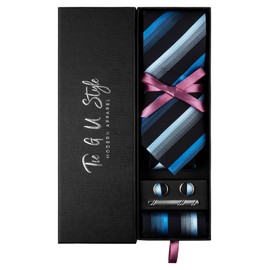 TIE G - Juego de corbatas a cuadros para hombre en caja de regalo negra: corbata y bolsillo cuadrado, gemelos, clip de corbata formal de negocios para bodas, A2-black Blue Stripe, Modern