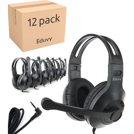 Eduvy Bulk Headphones for Classroom with Microphone, Heavy-Duty School Pack Wired Headphones for Students with Rotating Boom Mic. Teacher Must Haves from Elementary to College (12 Pack Black)