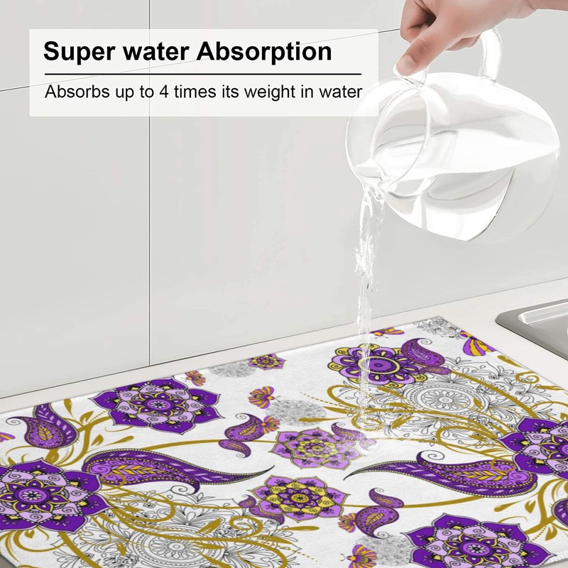 Purple Flower Kitchen Drying Mat Boho Floral Microfiber Dish Drainer