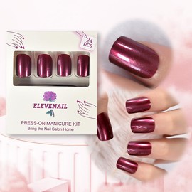 ELEVENAIL Short Squoval Press on Nails Dark Rose Red False Nails Salon Manicure Reusable Artificial Fake Nails Art Tips DIY at home