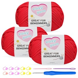 Chunky Cotton Yarn for Crochet 3-Pack 100g Each No Split Thick for Knitting Crochet Crafts with 4mm Hook Starter Kit for Beginners Amigurumi Projects (Red-3)