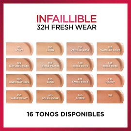 L'Oréal Paris Infallible 32H Freshwear Base de Maquillaje Líquida, Larga Duración y Alta Cobertura, Piel Luminosa al Instante Fórmula con Vitamina C, Tono 130, 30 ml
