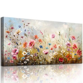 crmotu Floral Botanical Wall Art, Blooming Wildflowers Large Artwork, Flower Market Canvas Art Prints, Meadow Plant Nature Wall Decor, Rustic Wall Paintings for Living Room Bedroom Farmhouse 20"X40"