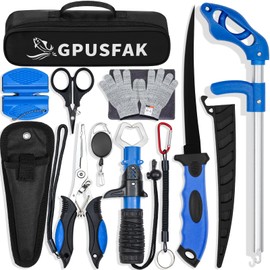 GPUSFAK Fishing Tool Kit, 11 Pieces Fishing Gear, Fishing Pliers with Lanyard, Fillet Knife, Fish Lip Gripper, Fly Ice Fishing Hook Extractor, Anti-Cutting Gloves
