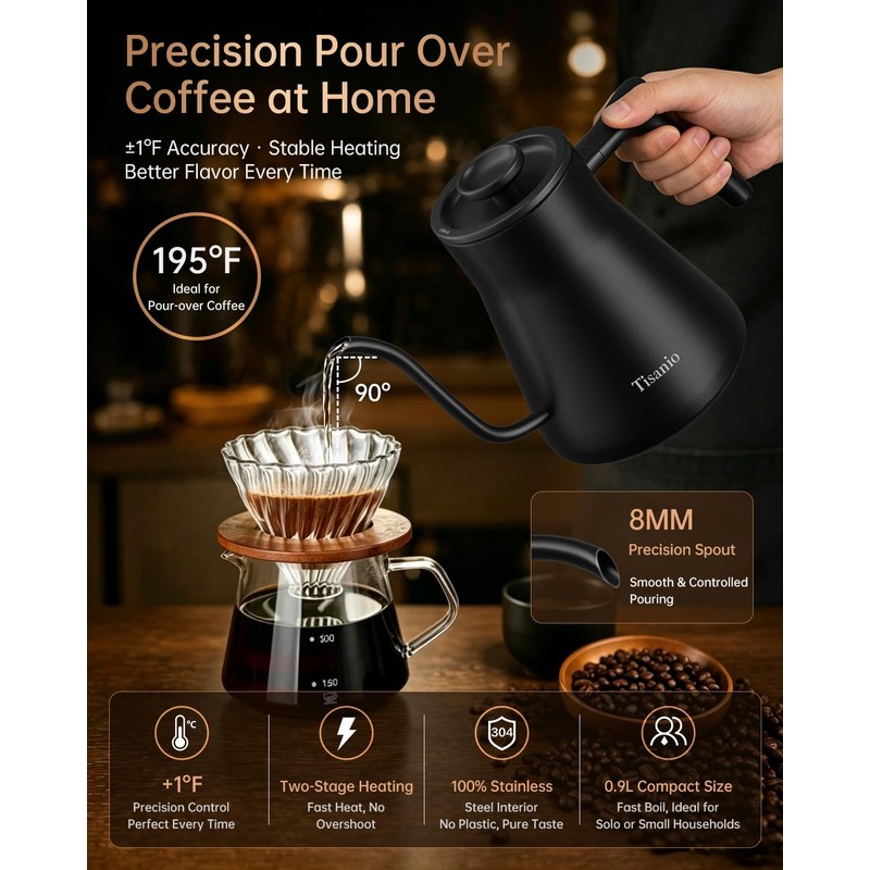 Gooseneck Electric Kettle with Temperature Control, 0.9L, Black