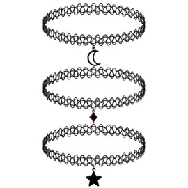 LANAFAY 3pcs Black Choker Necklaces, Stretchy Tattoo Choker Chain with Rhombic Stars and Moon, Gothic Lace Choker Necklace Pendant Jewelry Accessories for Women Teen Girls Party Dress Decorations