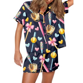 SHESHOW Silk Pajamas for Women Cute Pjs Y2K 2 Piece Outfits Matching Pj Set Shorts Pajama Set Softball Dark Blue S