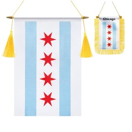 2 Pack Chicago Wall Flags Banner, Mini Chicago People Hanging car window Flag Satin Finish Heavy Duty Fabric Patriotic Flags for School Classroom Club Car Rearview Mirror Decoration