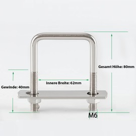 SHYSBV U Bolt Set of 4, U Bolts 304 Stainless Steel with Nuts, Washers & Frame Plate - For Pipes, Cars, Ships (M6 60 x 80 mm Inner Width)