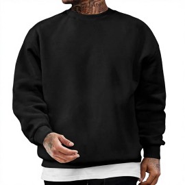 Men's Casual Long Sleeve Crewneck Solid Polyester Cotton Blend Pullover SweatshirtColor: Black, Size: Xx-large