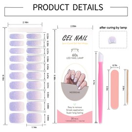 WOKOTO Semi Cured Gel Nail Strips, 20 Pcs Purple Gradient Glitter Semi Cured Gel Nail Stickers Full Nail Wraps With Nail File & Wood Stick, UV Light Required, Salon Quality, Easy to Apply&Remove