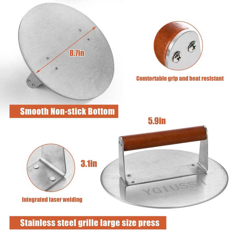 ygiussh 8.7 Inch Heavy-Duty Grill Press with Beech Wood Handle