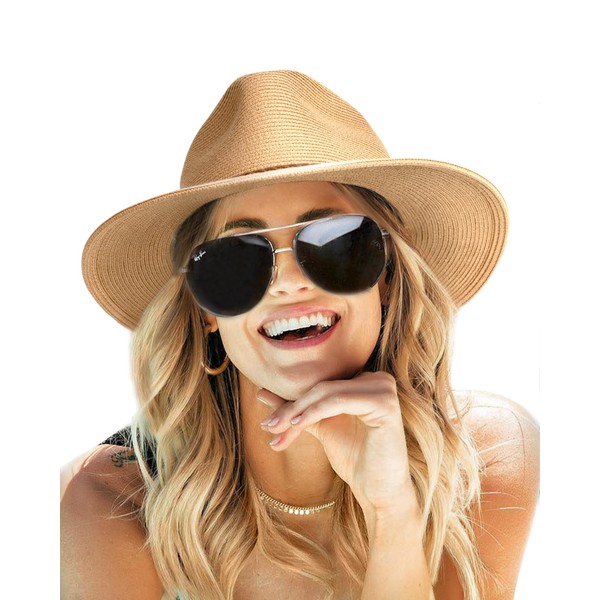 FURTALK Sun Hats for Women Summer Wide Brim UV UPF 50+ Panama Fedora Foldable Packable Straw Beach Hat Khaki