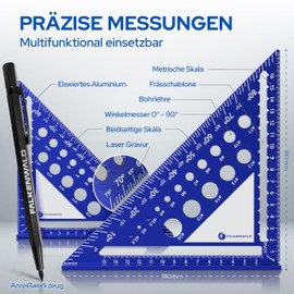 Falkenwald® 9-in-1 Carpenter's Square 180 mm with Writing Surface - Includes Deep Hole Marker, 6 Leads & Scriber - Ideal for Precise Marking & Drawing - Try Square Carpenter's Square