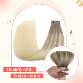 XDhair Tape in Hair Extensions Human Hair,50g 20Pcs 18 Inch Ash Brown to Platinum Blond Tape Hair Extensions Stright Real Human Hair(#8/60,18Inch)