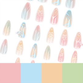 Tyuimhx Colorful Gradient Press on Nails Medium Almond Fake Nails With 3D Flowers Pearls Designs 3D Butterfly False Nails Full Cover Stick on Nails Acrylic Ombre Artificial Nails for Women 24Pcs