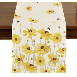 Yellow Daisy Bees Summer Table Runner,72 Inches Seasonal Fall Holiday Kitchen Dining Table Decoration for Home Party Decor ZQ07