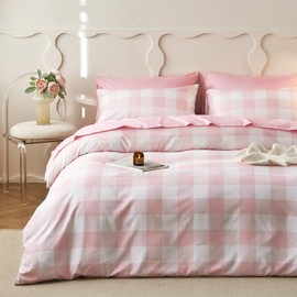 Wake In Cloud - Gingham Comforter Set, Plaid Buffalo Check Checkered Cottagecore Cute Geometric, Soft Lightweight Bedding, 3 Pieces, Pink, Full Size