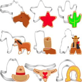 Patelai 9 Pieces Cowboy Cookie Cutter Set Western Cookie Cutters, Includes Cow, Star, Horse, Cowboy, Boot, Hat, Cactus, Horseshoe, Horse Head, Stainless Steel Christmas for Baking Food DIY