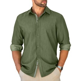 MAPICK Untucked Dress Denim Shirts for Men Button Down Long Sleeve Wrinkle Free Regular Fit Formal Shirts(Army Green,Large)