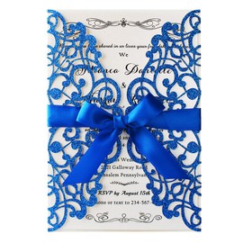 Hosmsua 5.12 x 7.3'' 50PCS Laser Cut Wedding Invitation Cards with Bowknot and Envelopes Lace Rose invitation for Sweet 16 Bridal Shower Wedding Invite (Royal Blue Glitter)