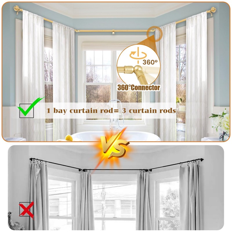 Bay Window Curtain Rods, USFOOK Gold Curtain Rods for Bay