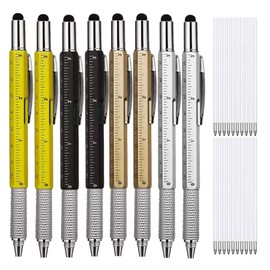 KEWAYO 8Pcs 6 in 1 Multitool Tech Tool Pen, – Multi-Functional & Measure Pen, with Scale Ruler, Spirit Level, Ballpoint Pen, Stylus & Small Screwdriver Set with 20 Refills