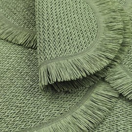 fanquare Boho Round Paper Placemats 15'' Set of 6, Rustic Woven Fade-Safe Tablemats, Braided Placemats for Home, Cafe or Events, Green