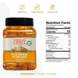Pride of India – Natural Turmeric Ground – Traditional Indian Spice – Pantry Essential – Curcumin Rich and Gourmet – Ideal for Curries/Lentil/Meat/Pilaf – Easy to Use – 8oz. Medium Dual Sifter Jar