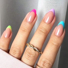 Almond Press on Nails Short Length Fake Nails Press ons Colorful French Tip Stick on Nail with Design Full Cover Acrylic Nails Glossy False Nail for Women DIY Manicuare 24 Pcs