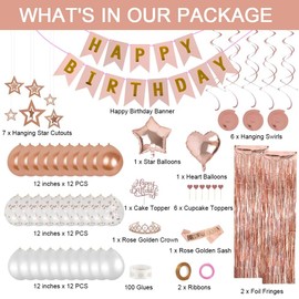 Birthday Party Decorations, Happy Birthday Banner, Rose Gold Fringe Curtain, Heart Star Foil Confetti Balloons, Sash Crown for Women Girls Birthdays Princess Party