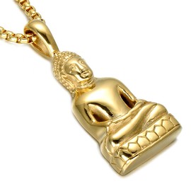 SINLEO Men's Stainless Steel Meditation Tibetan Buddha Pendant Necklace Amitabha Amulet Religious Jewelry Gold