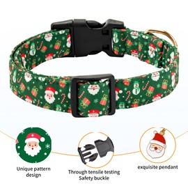 Jelwuion Christmas Dog Collar,Adjustable Cute Puppy Collar with Santa Claus Patterned Design for Small Medium Large Dogs,Soft Pet Collar with Safety Buckle for Girl Boy Dogs (Green Santa, S)