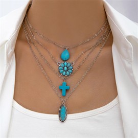 WCRAZYE Western Necklaces for Women Cowgirl Cowboy Pendant Necklace Vintage Multi Layered Chain Turquoise Stone Flower Cross Pendant Necklace Boho Turquoise Necklace Jewelry (Cross Flower)