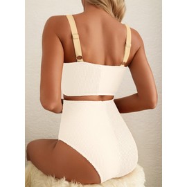 Herseas Women's Beige Bikini Sets Scrunch Square Neck Swim Suits 2025 High Waisted Modest Textured Bathing Suits Medium