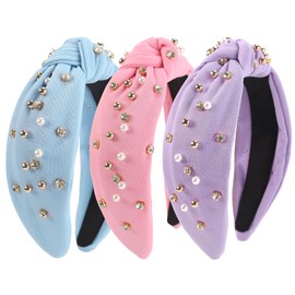 Santoddle 3Pcs Knot Headband for Women Pearl Knotted Head Bands Non Slip Wide Head Band Fashion Head Bands Knot Headband