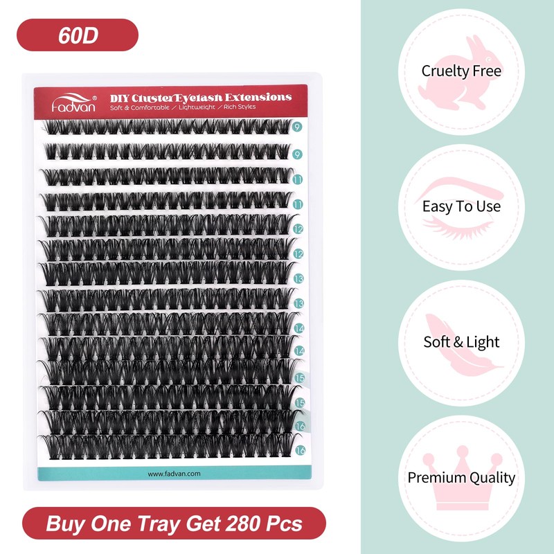 FADVAN False Eyelashes Clusters Pack of 280 60D Mix 9-16