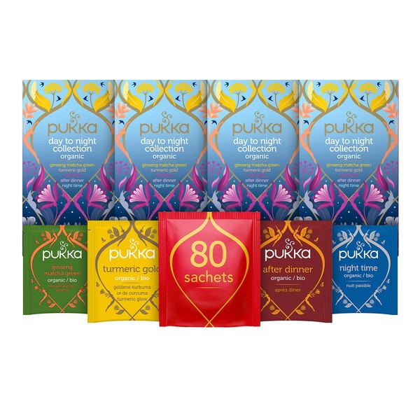 Pukka Herbs Day to Night Collection, Selection of Five Organic Herbal Teas (4 Pack, Total 80 Tea bags)