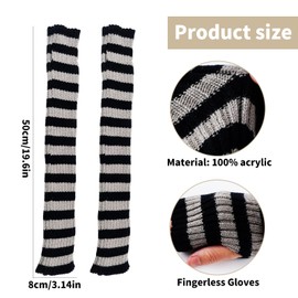 Luckwaii Long Arm Warmers Striped Fingerless Gloves Arm Warmers Elbow Length Arm Sleeve Winter Thermal Stretchy Knitted Gloves with Thumb Hole for Women, Black and light grey stripes
